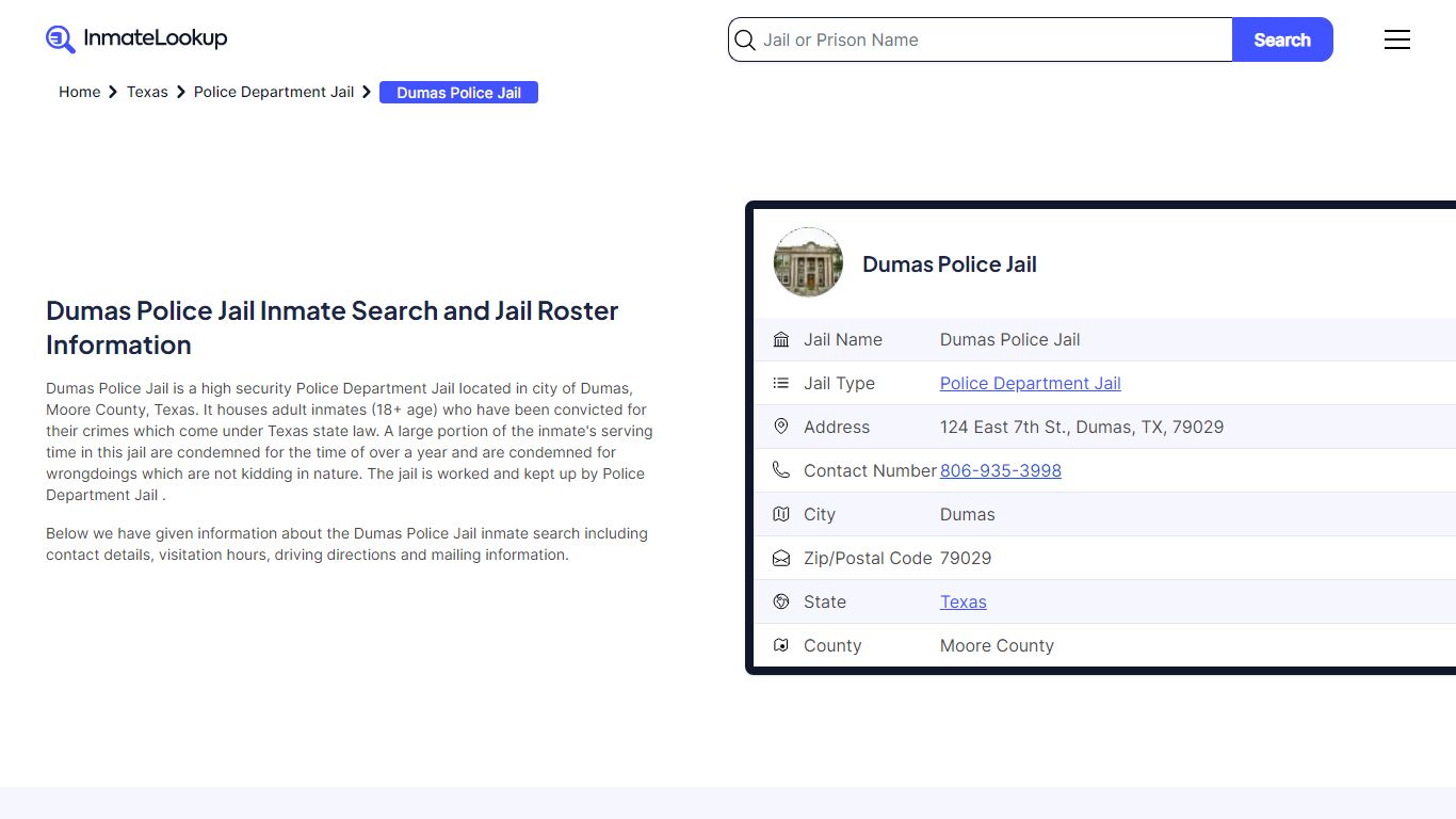 Dumas Police Jail Inmate Search and Jail Roster Information - Inmate Lookup