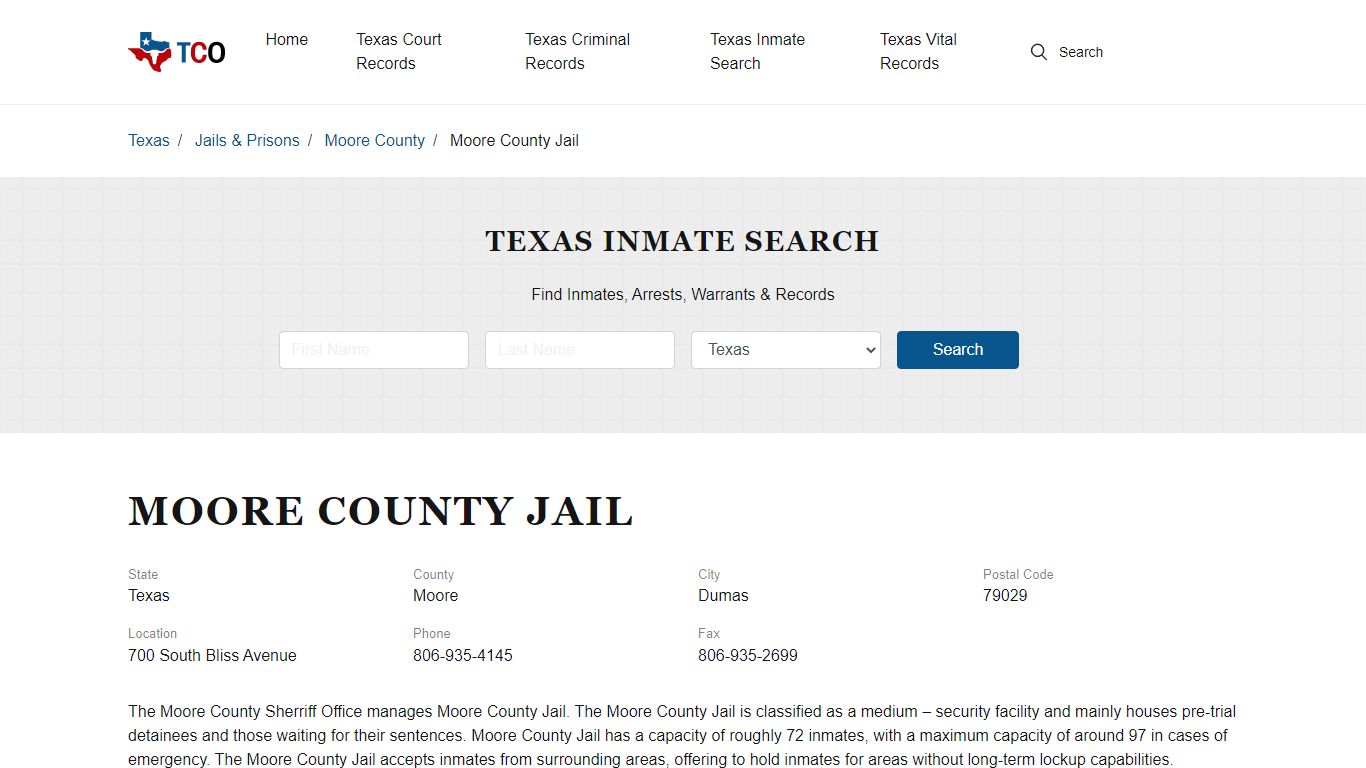 Moore County Jail in Dumas, TX - Contact Information and Public Records